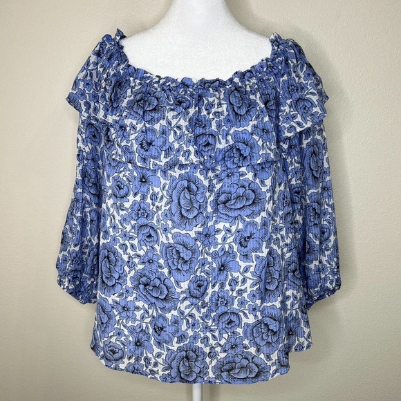 Ann Taylor Petite White & Blue Floral Off the Shoulder 3/4 Sleeve Flowy Top LP - Picture 1 of 11